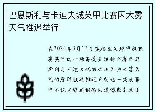 巴恩斯利与卡迪夫城英甲比赛因大雾天气推迟举行