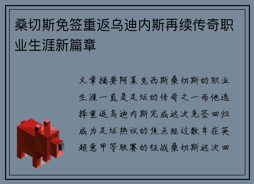 桑切斯免签重返乌迪内斯再续传奇职业生涯新篇章